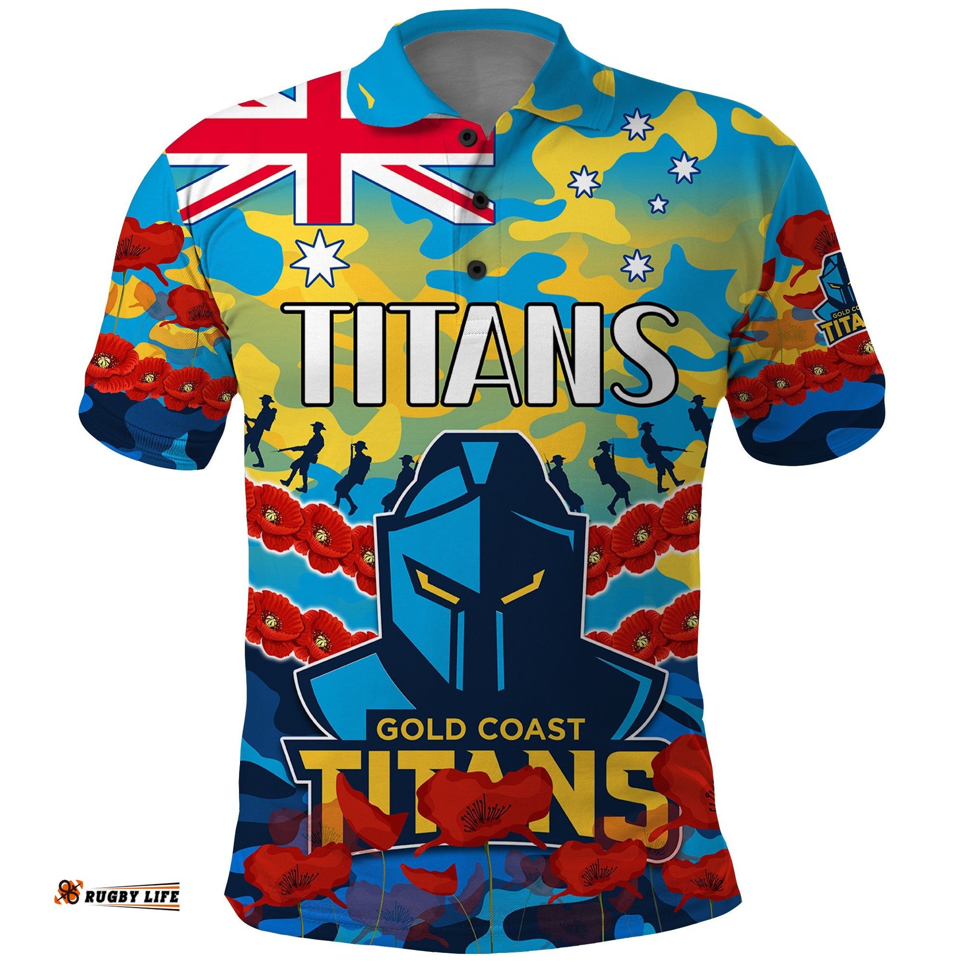 Custom Text And Number Titans Rugby ANZAC Polo Shirt Lest We Forget