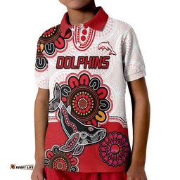Dolphins Rugby Polo Shirt Indigenous Circles and Waves White Amazing Aussie