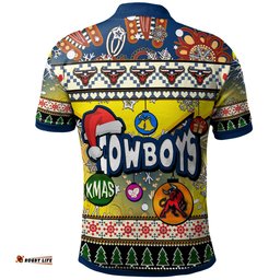 Cowboys Rugby Christmas Polo Shirt - Custom Xmas Cowboys Christmas Balls, Snowflake With Aboriginal Patterns Polo Shirt Amazing Aussie