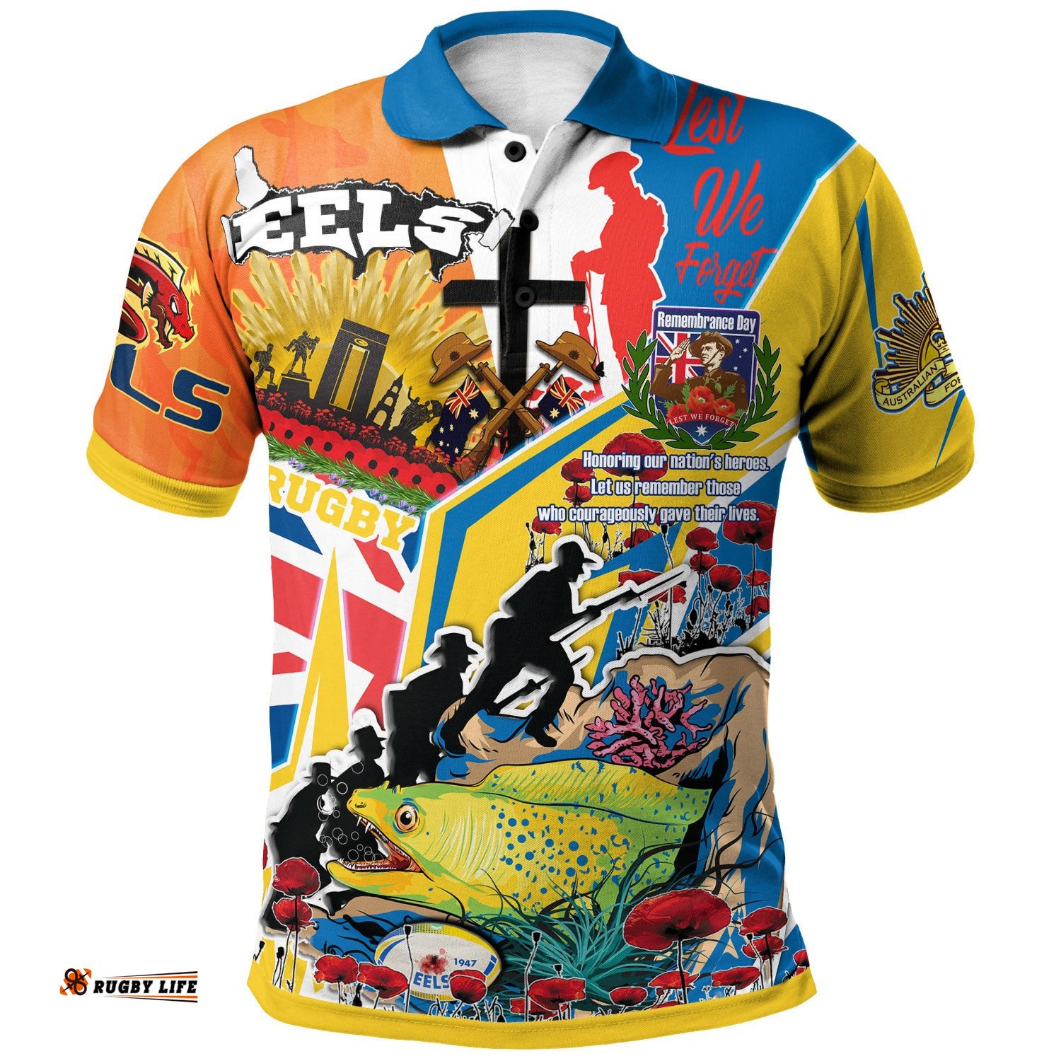 Eels Rugby Polo Shirt - Custom Remembrance Parramatta Eels Anzac Quote With Poppy And Rosemary Polo Shirt Amazing Aussie