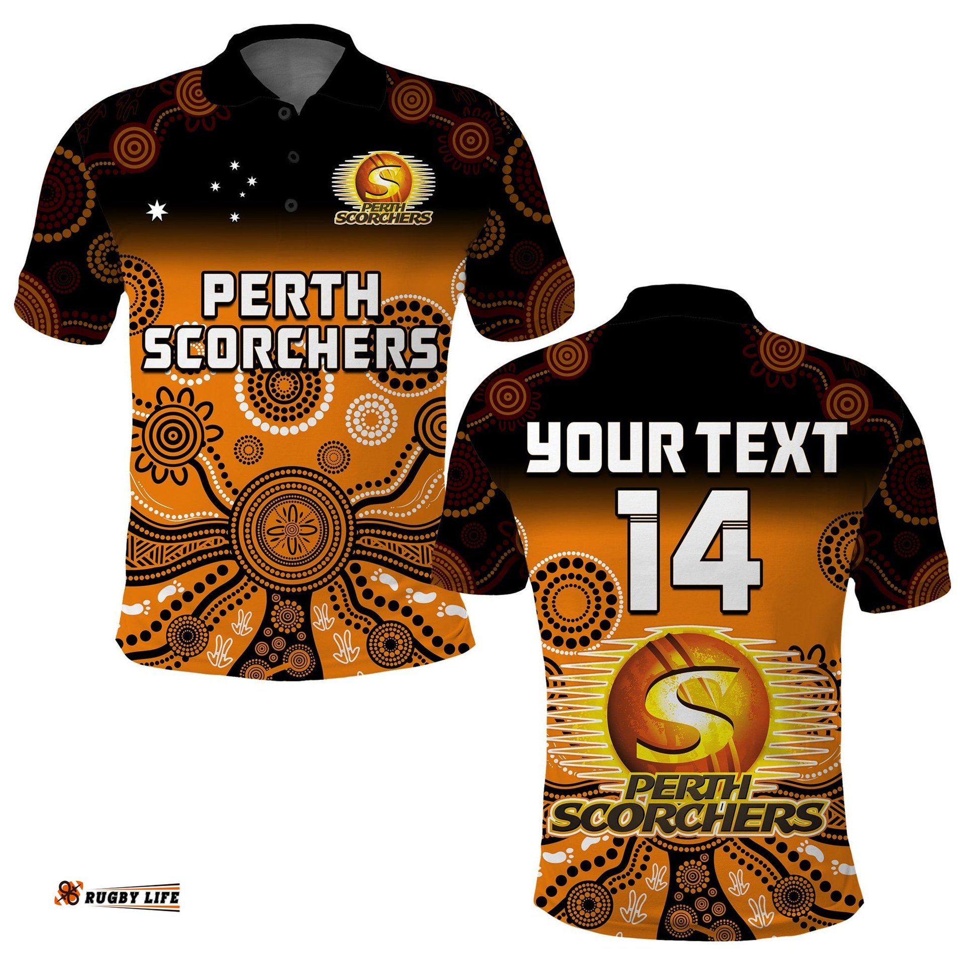 Custom Text And Number Perth Scorchers Polo Shirt Gradient Aboriginal Dot Painting Amazing Aussie