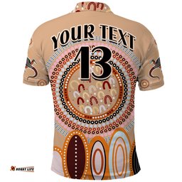 Custom Text and Number Aboriginal Stand Up Polo Shirt Circle Dot with Lizard Version PeachPuff Amazing Aussie