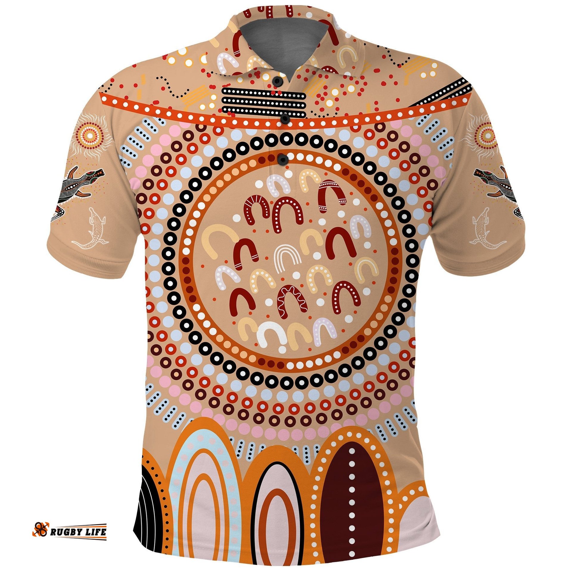 Custom Text and Number Aboriginal Stand Up Polo Shirt Circle Dot with Lizard Version PeachPuff Amazing Aussie