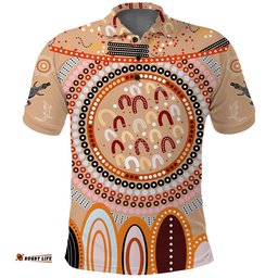 Custom Text and Number Aboriginal Stand Up Polo Shirt Circle Dot with Lizard Version PeachPuff Amazing Aussie
