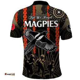 ANZAC Collingwood Football Polo Shirt Proud To Be Magpies Poppy Flowers and Aboriginal Version