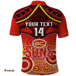 Personalised Gold Coast Football Polo Shirt Suns Aboriginal Mix Polynesian Pattern