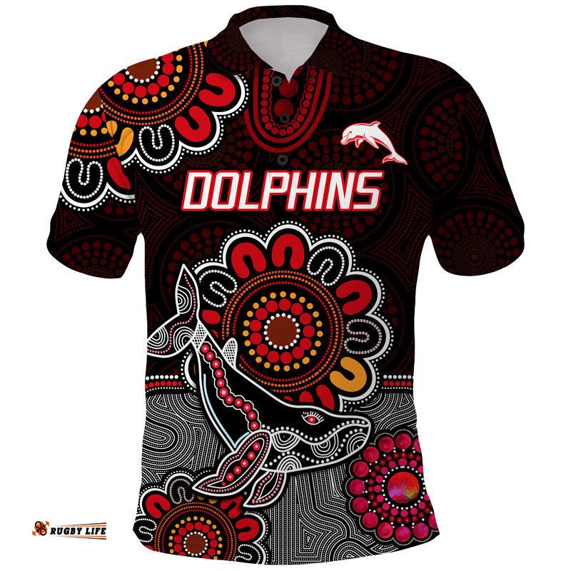 Custom Personalised Dolphins Rugby Polo Shirt Indigenous Circles and Waves Black Amazing Aussie