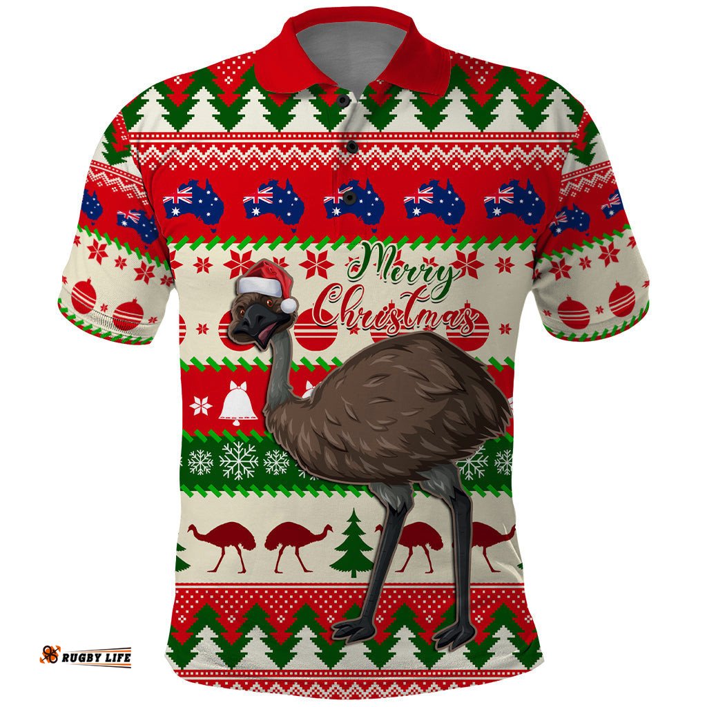 Australia Christmas Polo Shirt Aussie Emu Santa Merry Xmas