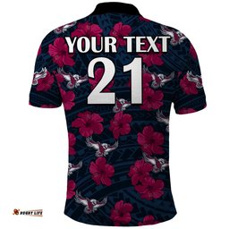Custom Text And Number Sea Eagles Rugby Polo Shirt Polynesian Style With Hibiscus