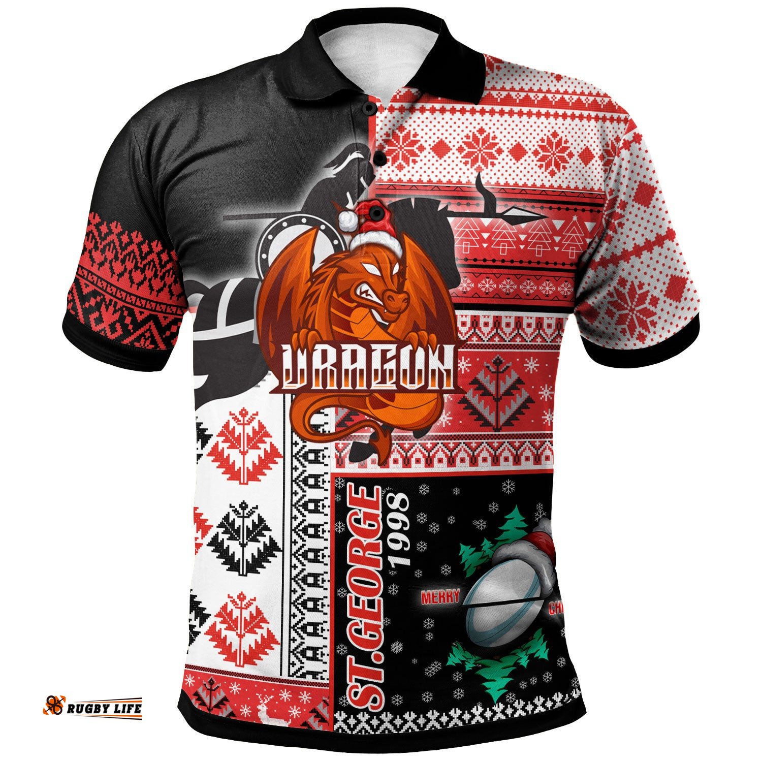 St.George Rugby Polo Shirt - Custom Christmas Snowflakes Dragon Mascot Polo Shirt Amazing Aussie