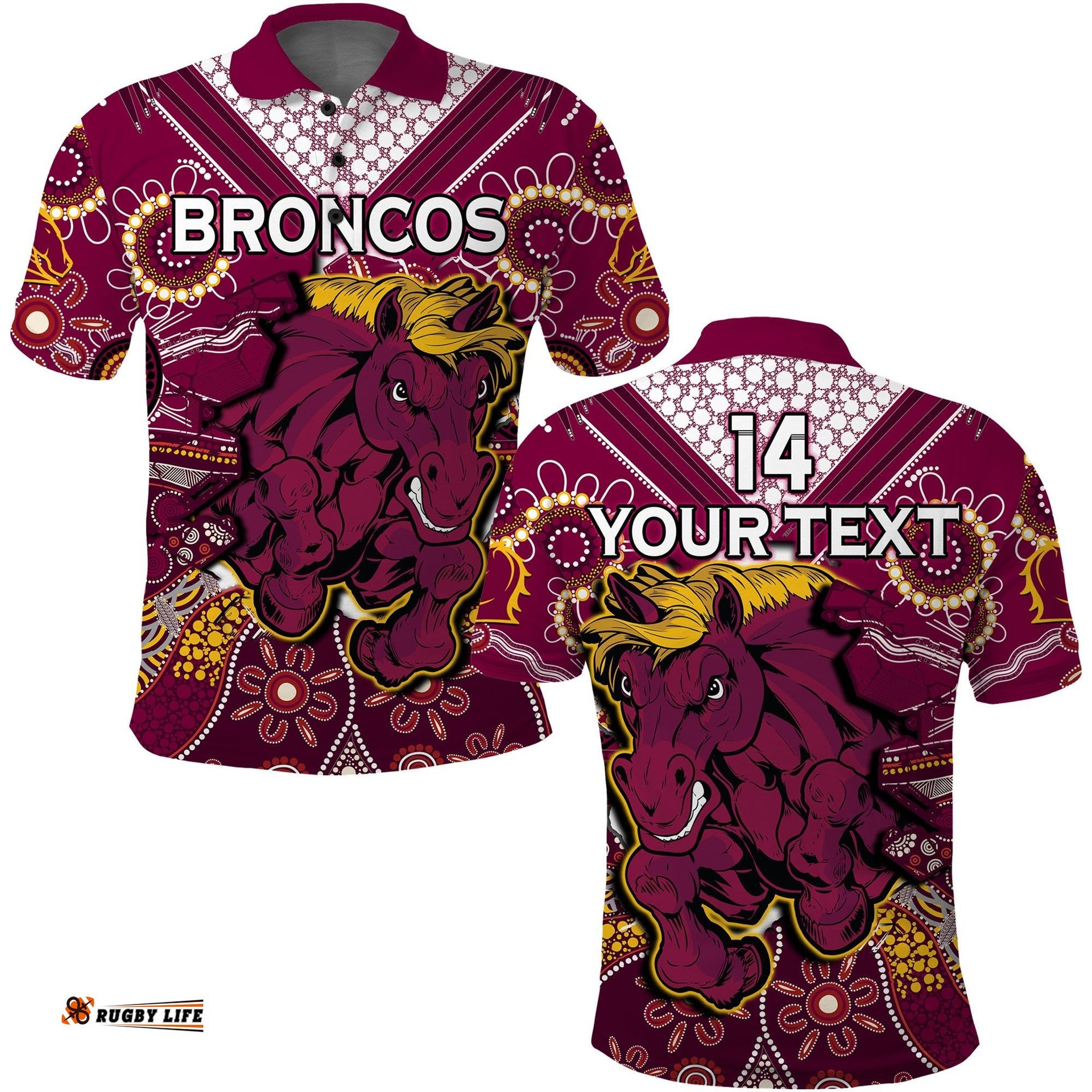 Custom Text And Number Broncos Rugby Polo Shirt Indigenous Pattern Artsy Ver.01 Amazing Aussie