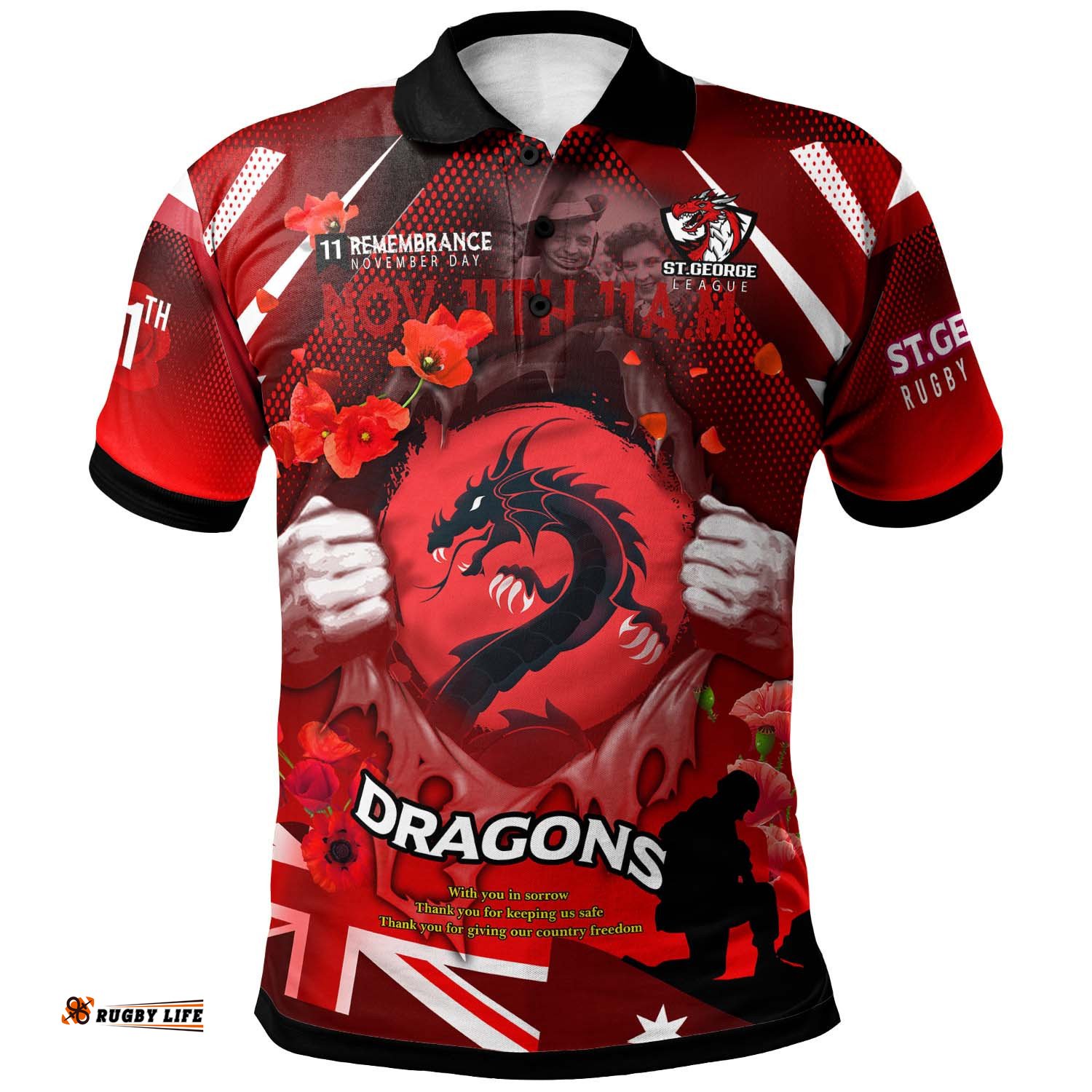 St.George Rugby Polo Shirt - Custom St.George Remembrance Day Lest We Forget Poppies Polo Shirt Amazing Aussie