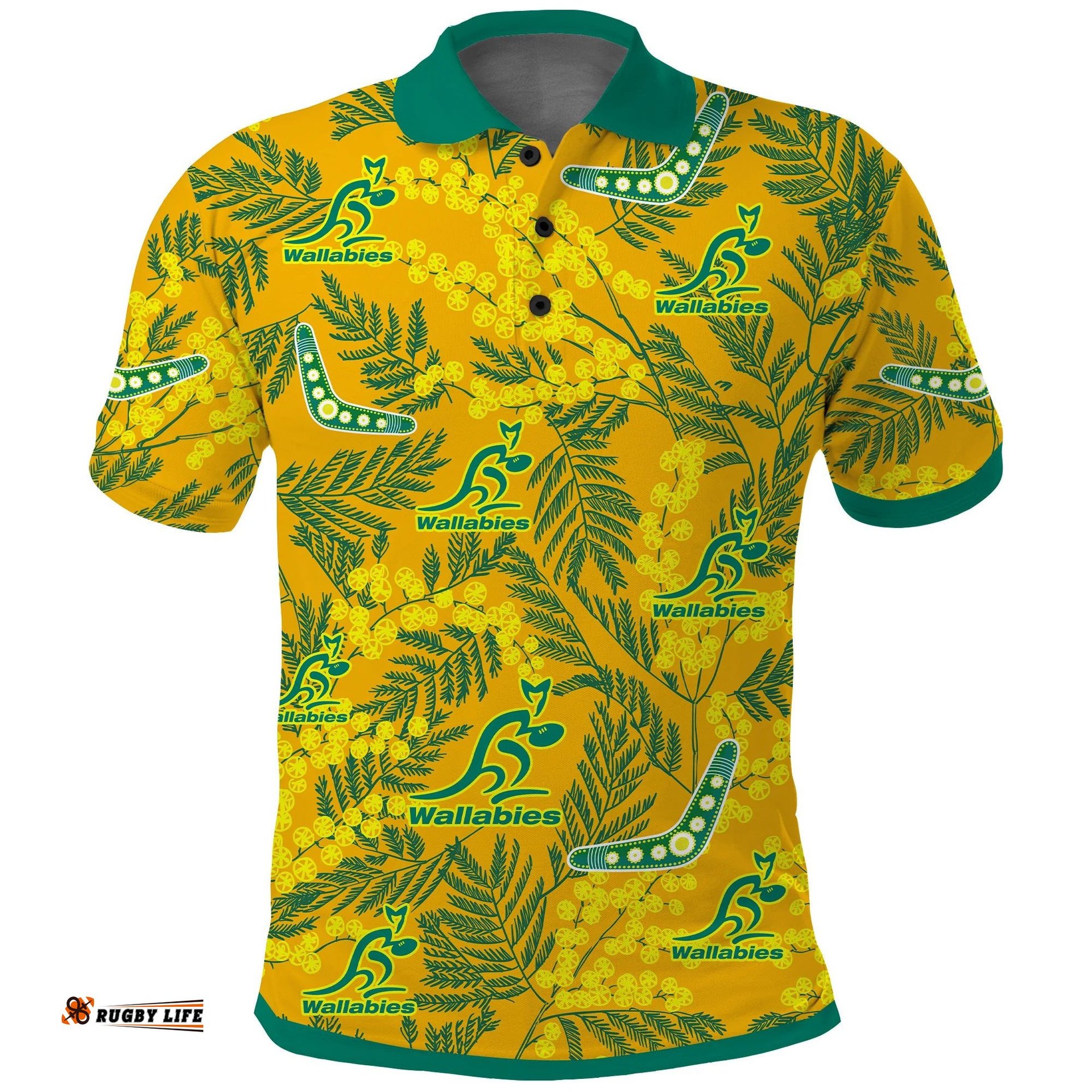 Wallabies Rugby Polo Shirt Golden Wattle Aboriginal Boomerang Style Hawaii Amazing Aussie