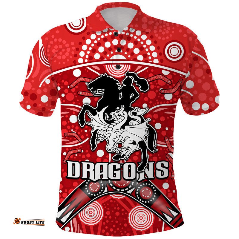 Dragons Rugby Polo Shirt Boomerang Indigenous Dots Amazing Aussie
