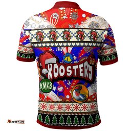 Roosters Rugby Christmas Polo Shirt - Custom Xmas Roosters Christmas Balls, Snowflake With Aboriginal Patterns Polo Shirt Amazing Aussie