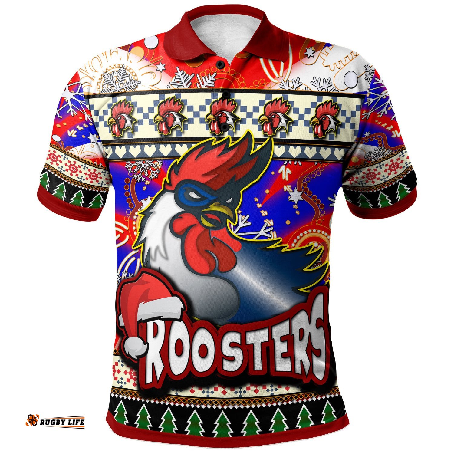 Roosters Rugby Christmas Polo Shirt - Custom Xmas Roosters Christmas Balls, Snowflake With Aboriginal Patterns Polo Shirt Amazing Aussie