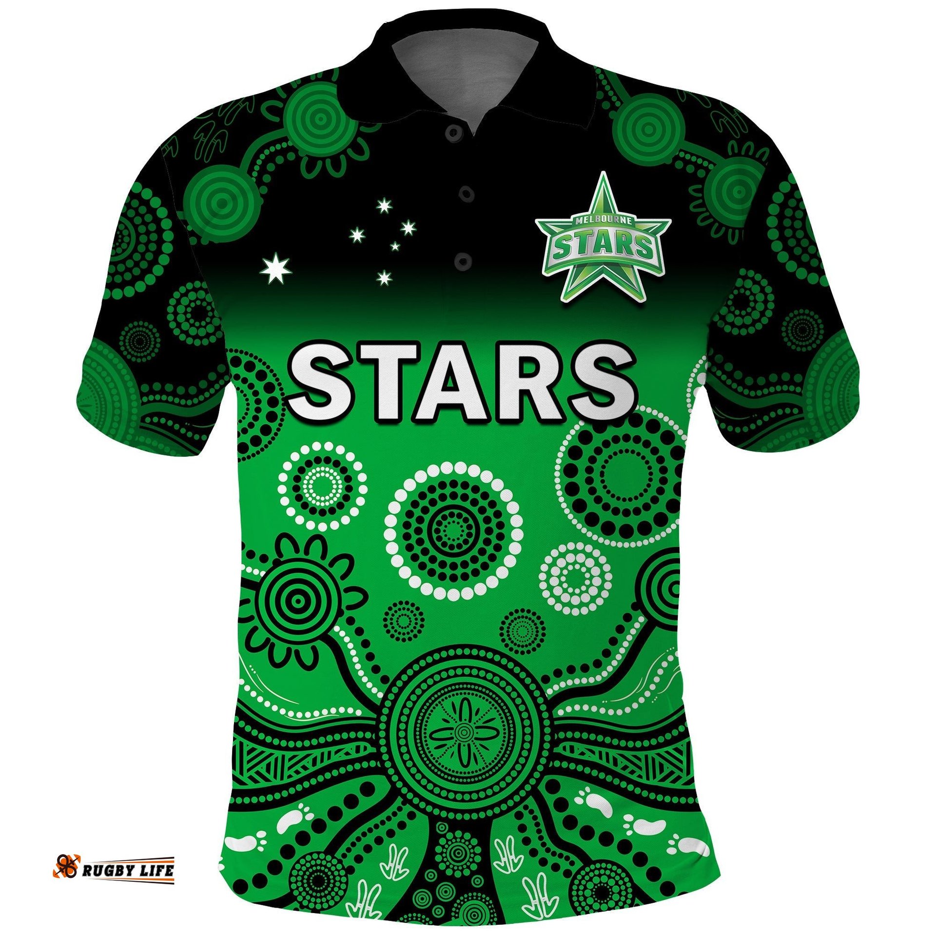 Stars Cricket Polo Shirt Melbourne Team Green Gradient Aboriginal Art Amazing Aussie