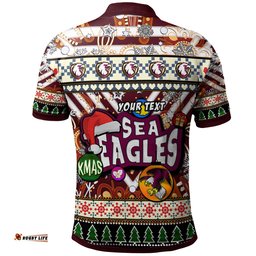 Sea Eagle Rugby Christmas Polo Shirt - Custom Xmas Sea Eagle Christmas Balls, Snowflake With Aboriginal Patterns Polo Shirt Amazing Aussie