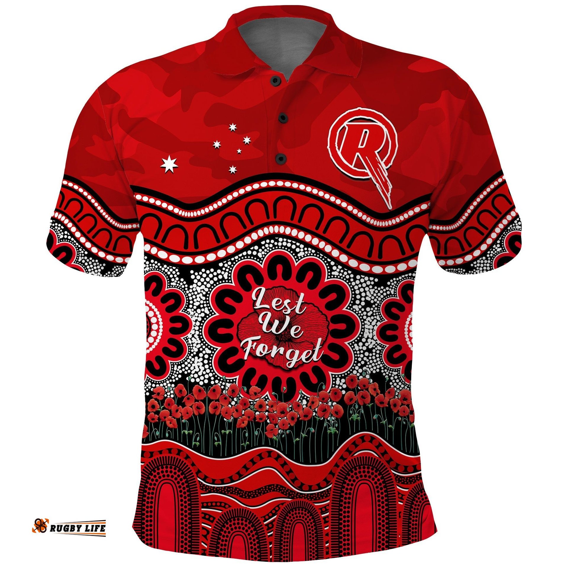 Renegades Cricket ANZAC Polo Shirt Melbourne Poppy Aboriginal Camouflage Amazing Aussie