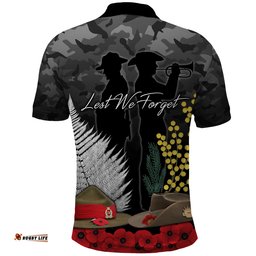 ANZAC DAY Polo Shirt Camo Style - Slouch Hats Mix Silver Fern Golden Wattle Amazing Aussie
