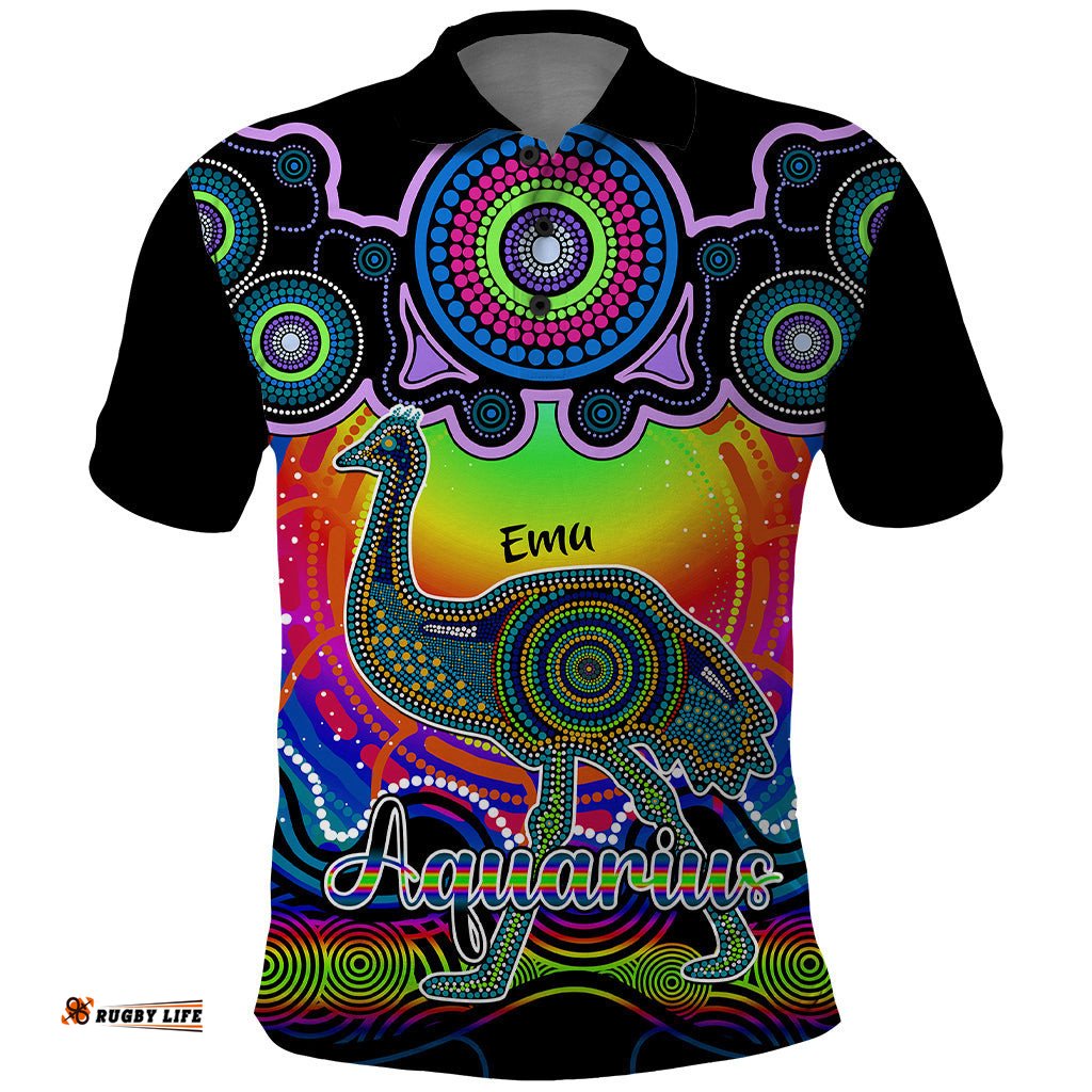 Personalised Australia Aquarius Emu Zodiac Polo Shirt Auz Astrology Aboriginal - Rainbow