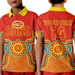 Custom Text And Number Gold Coast Football Polo Shirt Suns Indigenous Pattern Amazing Aussie