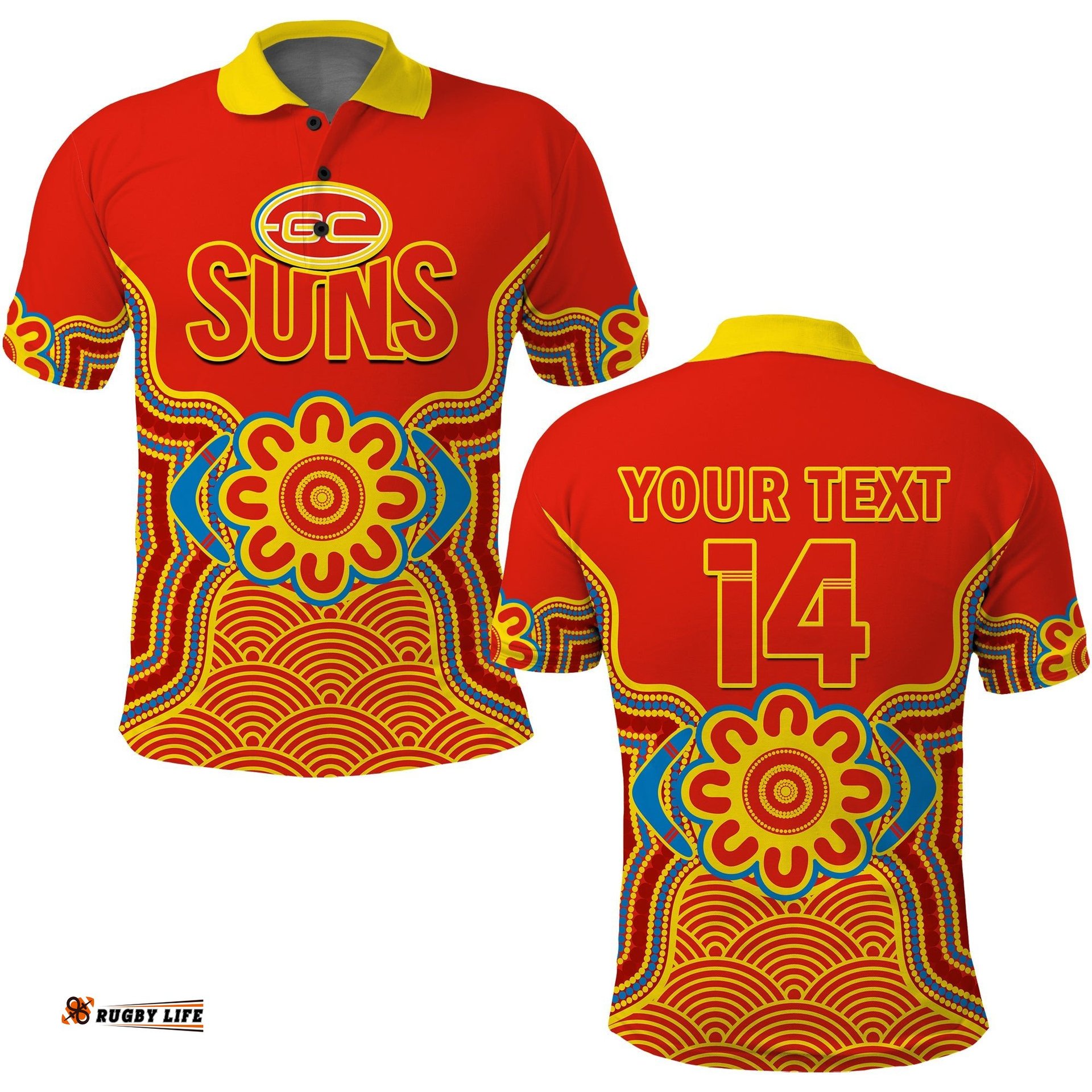 Custom Text And Number Gold Coast Football Polo Shirt Suns Indigenous Pattern Amazing Aussie