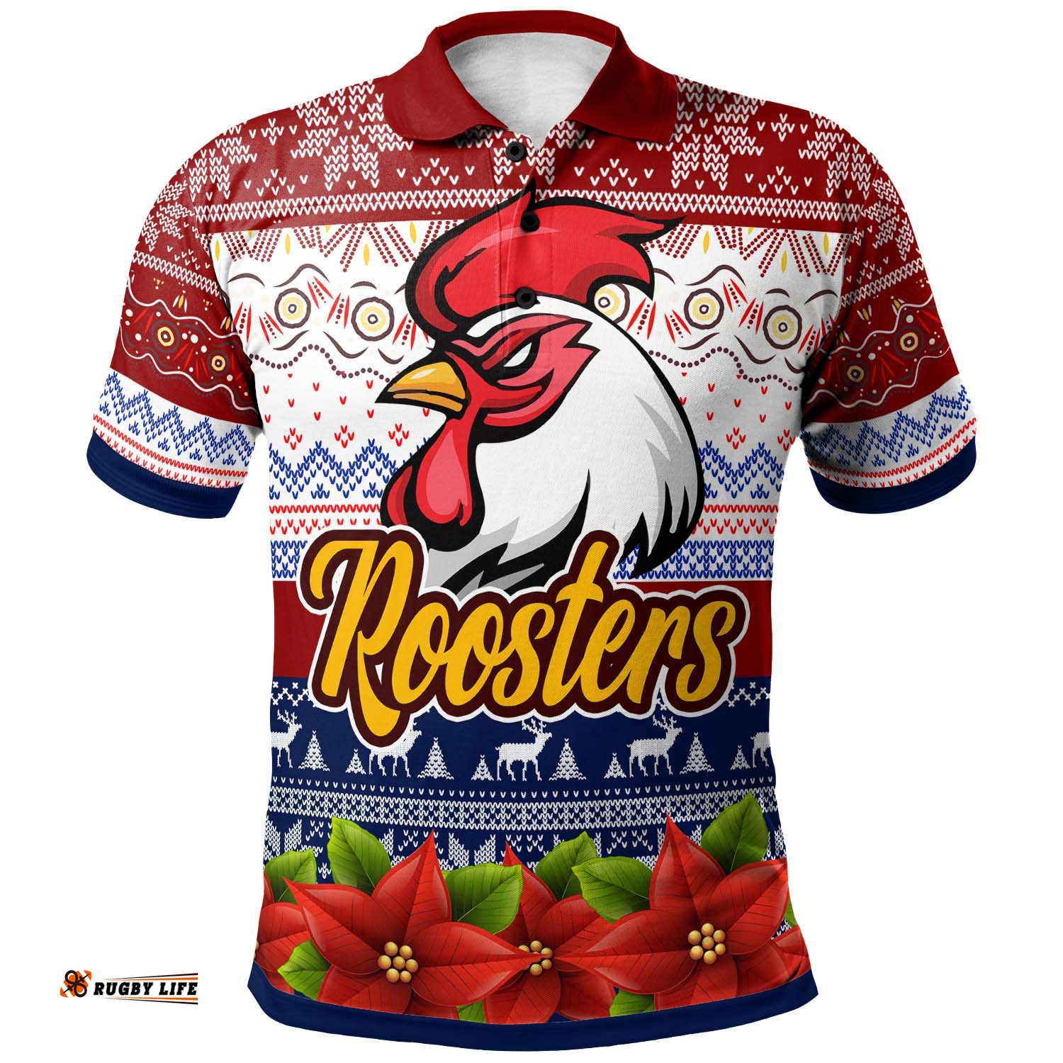 Roosters Rugby Chrstmas Polo Shirt - Custom Roosters Ugly Christmas Knitted Polo Shirt Amazing Aussie