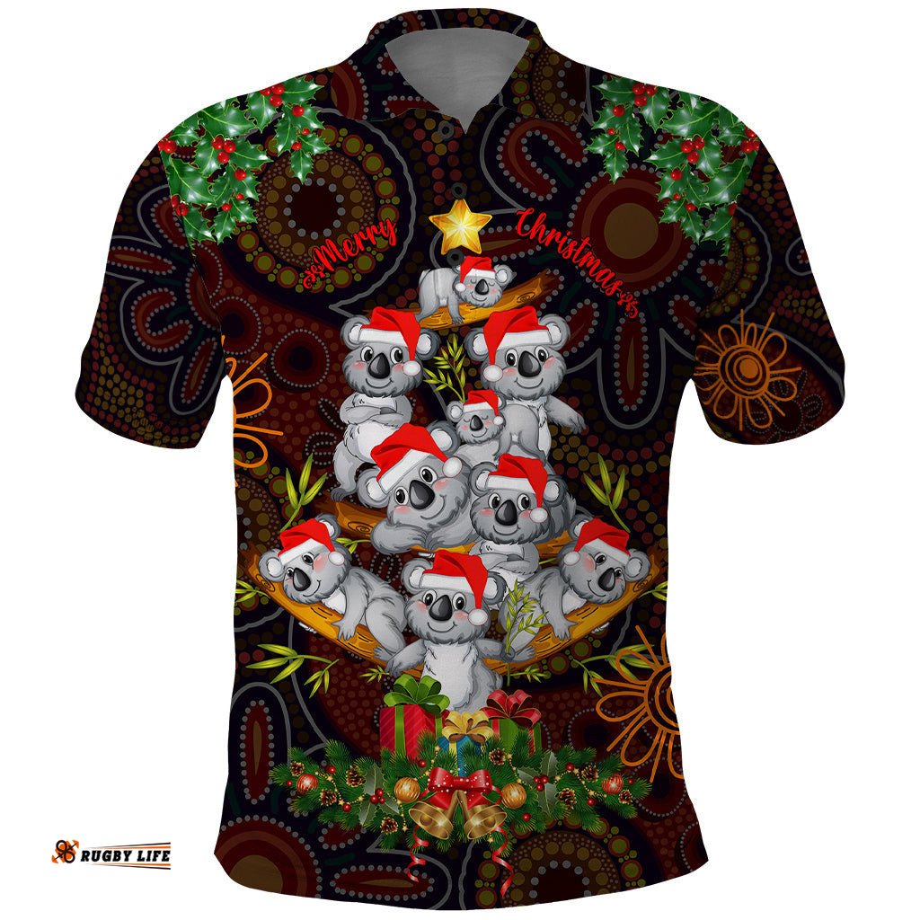 Aboriginal Christmas Polo Shirt Aussie Koala Christmas Tree with Aboriginal Inspired