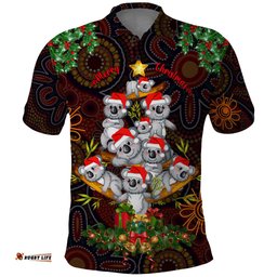 Aboriginal Christmas Polo Shirt Aussie Koala Christmas Tree with Aboriginal Inspired