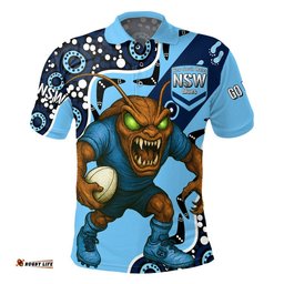 NSW Blues Rugby League Team Polo Shirt Indigenous - Custom New South Wales Blues Football Cockroaches Mascot Polo Shirt