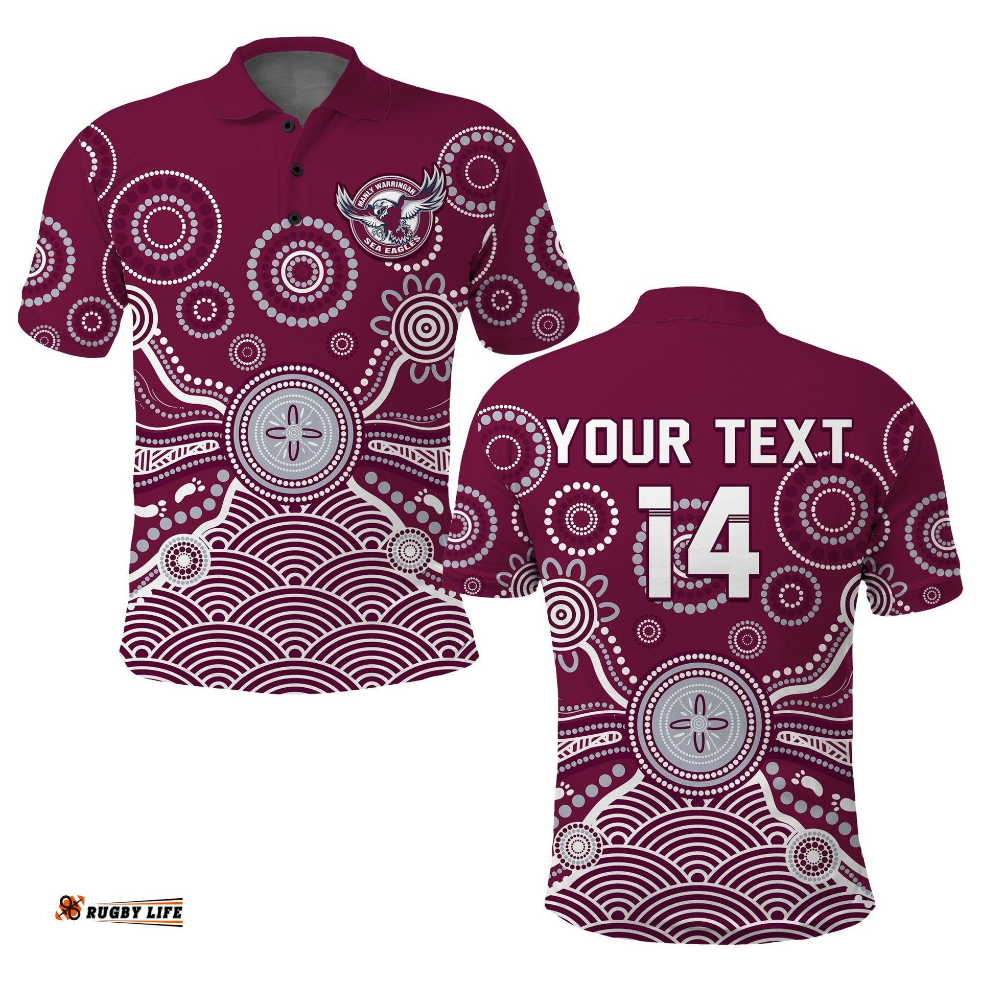 Custom Text And Number Sea Eagles Polo Shirt Manly Warringah 1946 Indigenous Painting Amazing Aussie