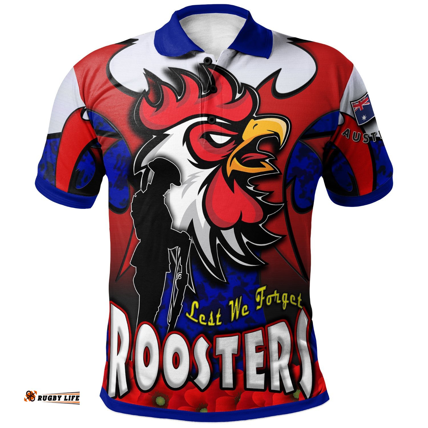 Roosters Rugby Polo Shirt - Custom Roosters Remembrance Day And Poppies Polo Shirt Amazing Aussie