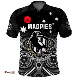 Custom Text and Number Magpies Football ANZAC Day Polo Shirt Aboriginal Poppy Flowers Amazing Aussie