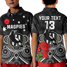 Custom Text and Number Magpies Football ANZAC Day Polo Shirt Aboriginal Poppy Flowers Amazing Aussie