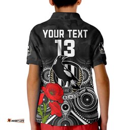 Custom Text and Number Magpies Football ANZAC Day Polo Shirt Aboriginal Poppy Flowers Amazing Aussie