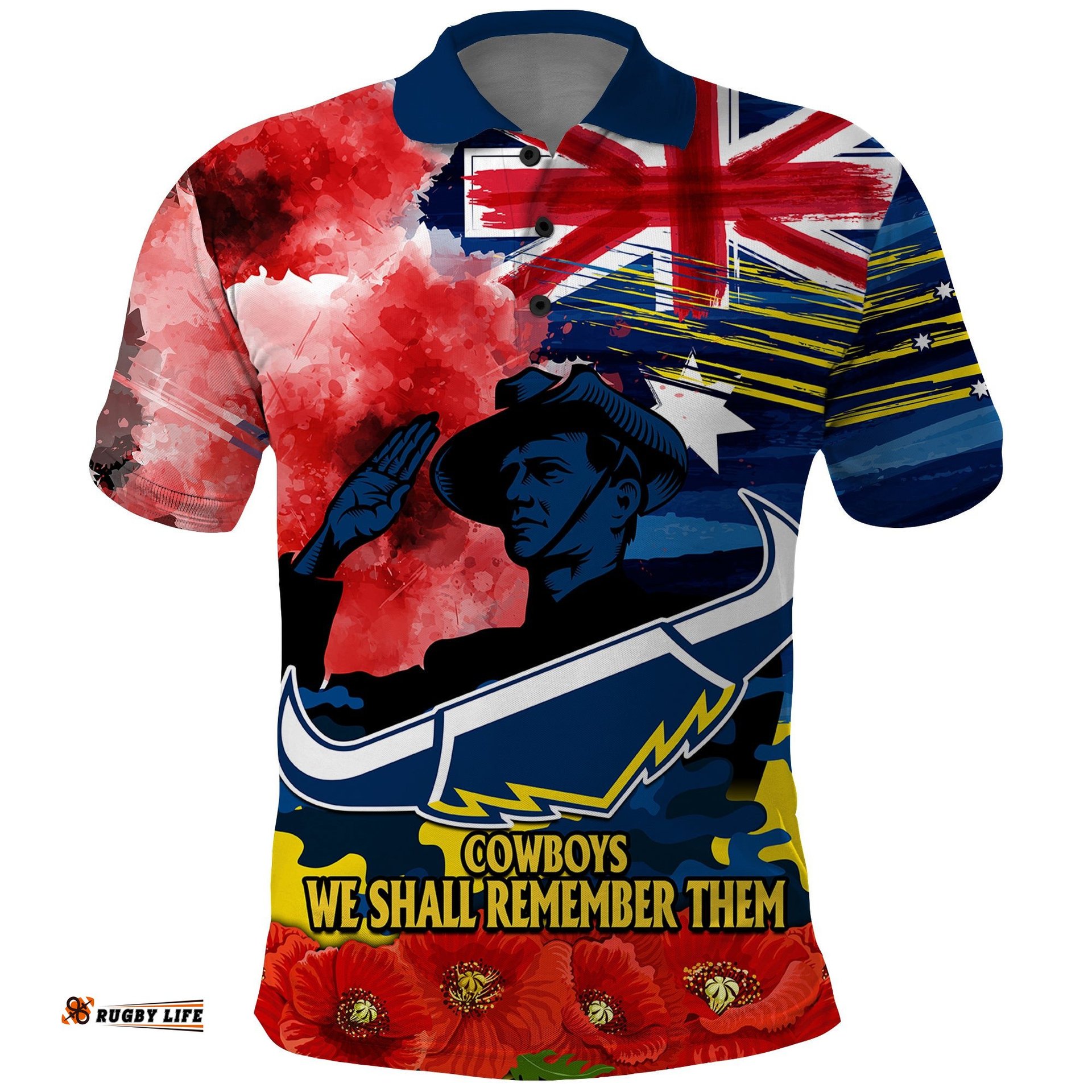 Custom Personalised ANZAC Cowboys Rugby Polo Shirt We Shall Remember Amazing Aussie