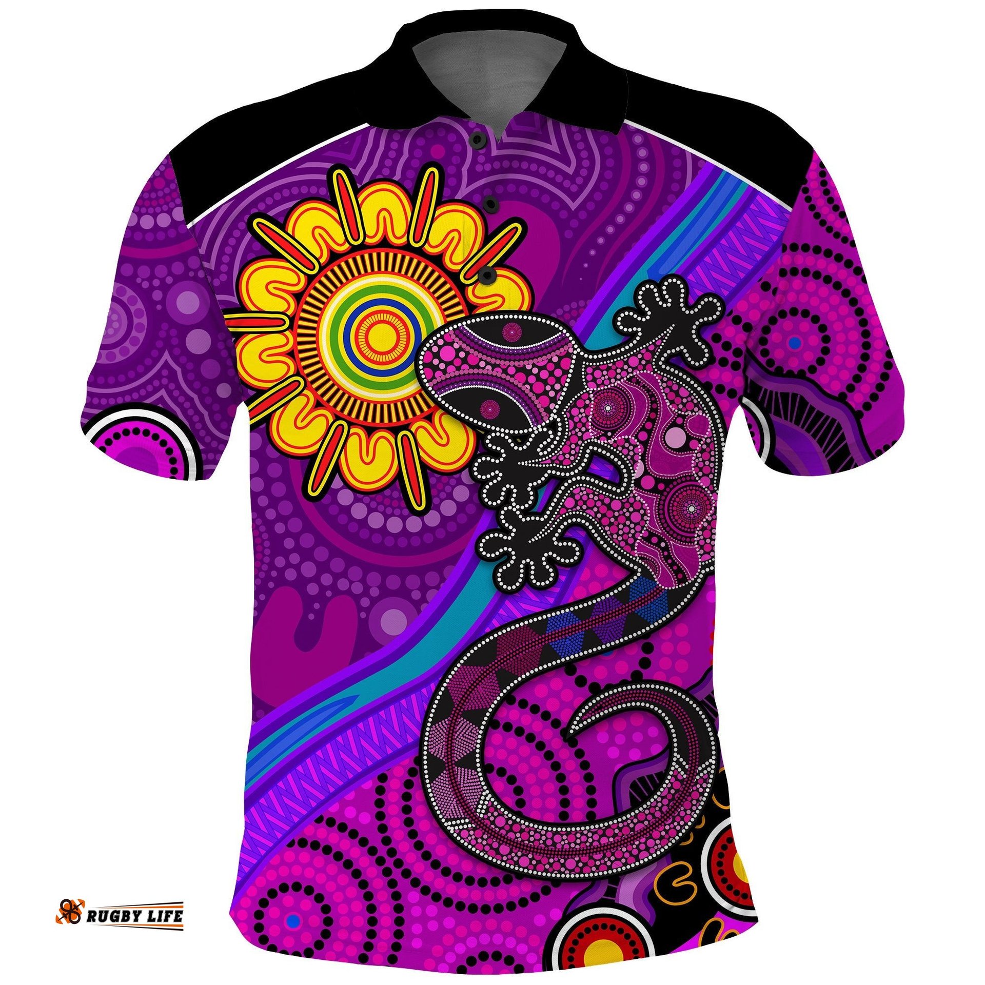 Australia Lizard and Sun Polo Shirt Aboriginal Art Purple Amazing Aussie