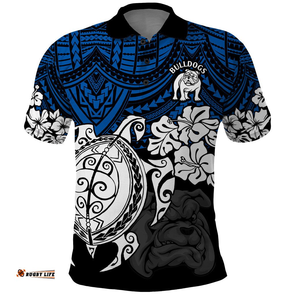 Custom Bulldogs Rugby Polo Shirt Berries Hibiscus and Turtle With Polynesian Pattern