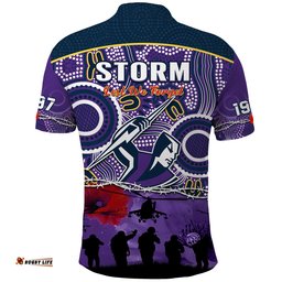 Melbourne Storm Rugby ANZAC Polo Shirt Indigenous Poppy Australian Army Amazing Aussie