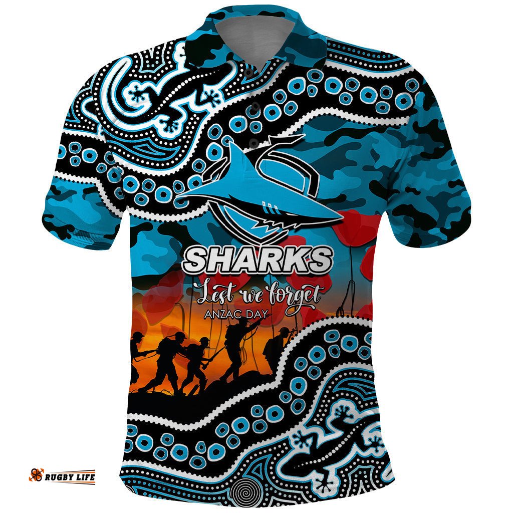 Custom Personalised Anzac Day NRL - Sharks Polo Shirt Aboriginal Lizard Patterns