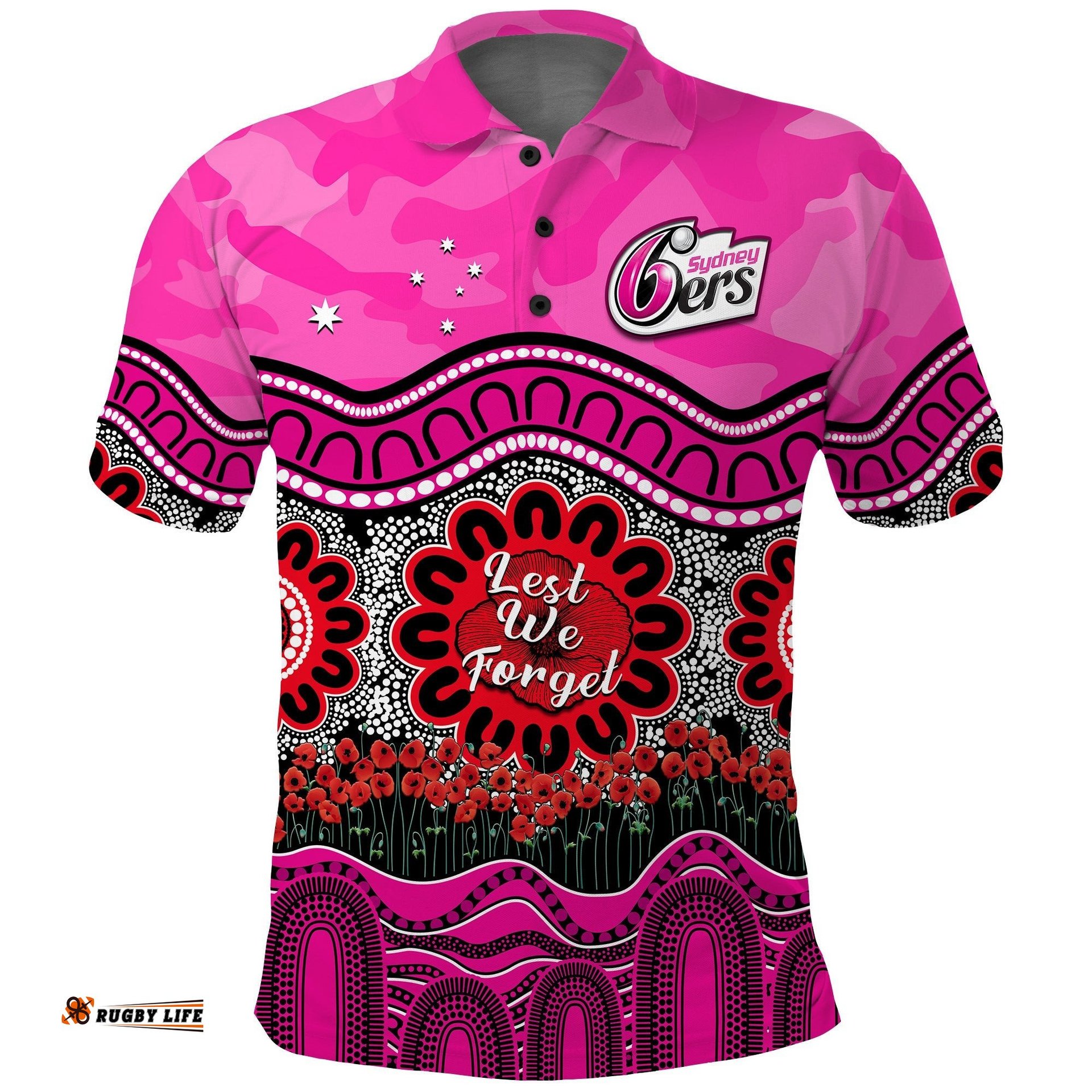 Sixers Cricket ANZAC Polo Shirt Sydney Poppy Aboriginal Camouflage Amazing Aussie