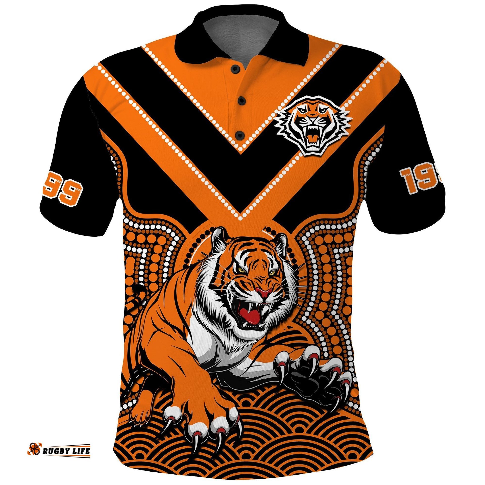 Wests Tigers Rugby Polo Shirt Indigenous Black Artsy Amazing Aussie