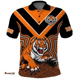 Wests Tigers Rugby Polo Shirt Indigenous Black Artsy Amazing Aussie