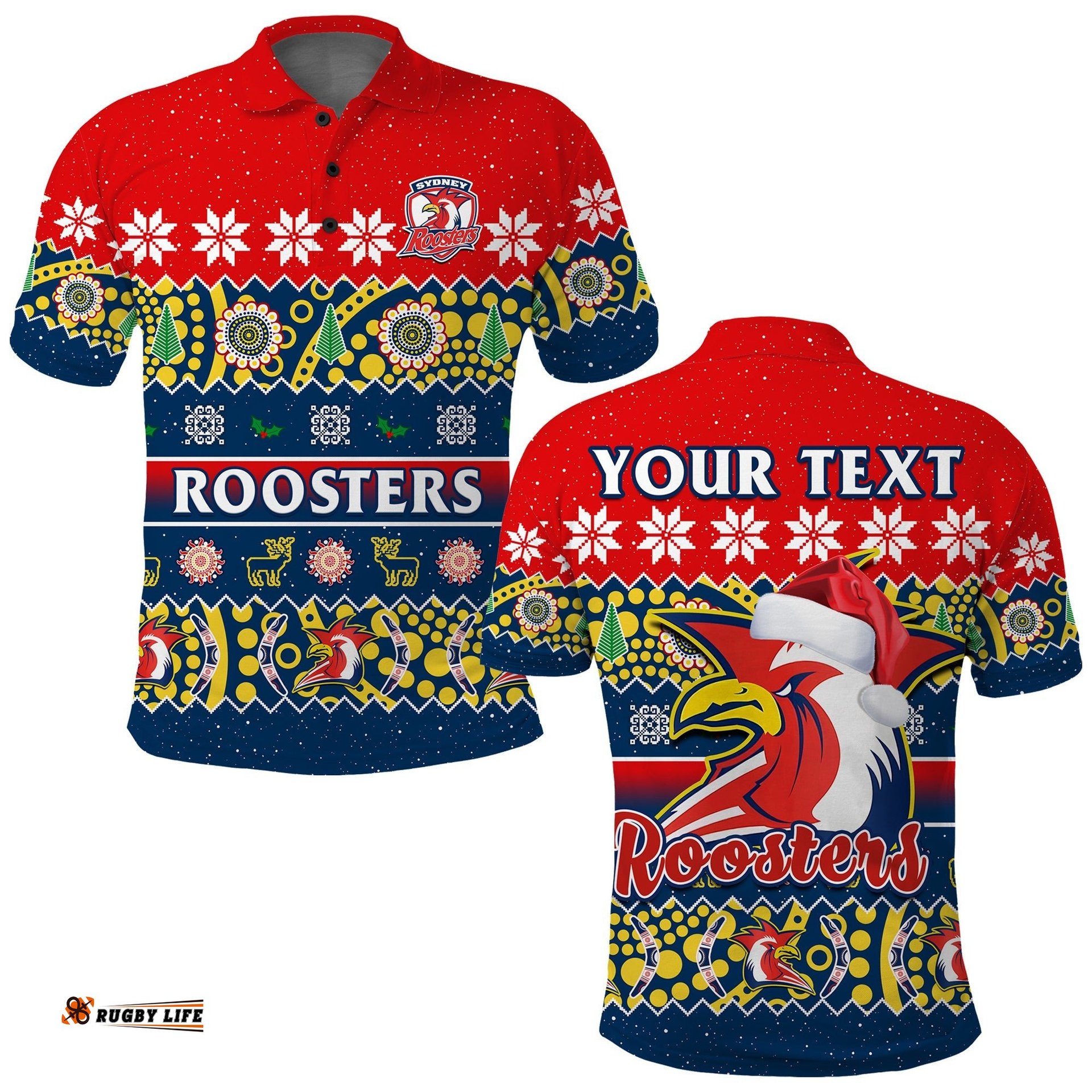 Custom Personalised Sydney Roosters Christmas Polo Shirt Easts Aboriginal Art Merry Xmas Amazing Aussie