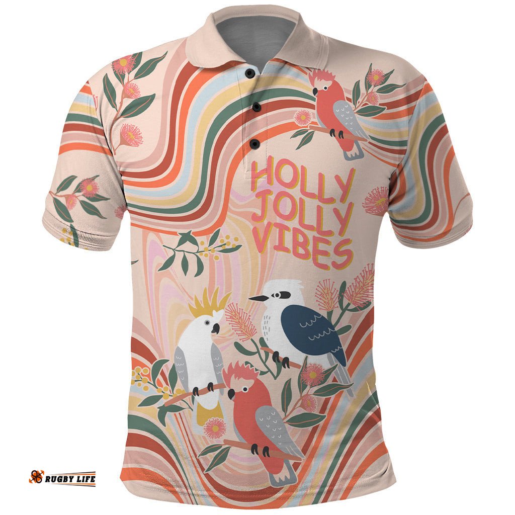 Personalised Australia Hippie Christmas Polo Shirt Cockatoo Kookaburra with Wattle Pink Peach Style