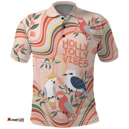 Personalised Australia Hippie Christmas Polo Shirt Cockatoo Kookaburra with Wattle Pink Peach Style