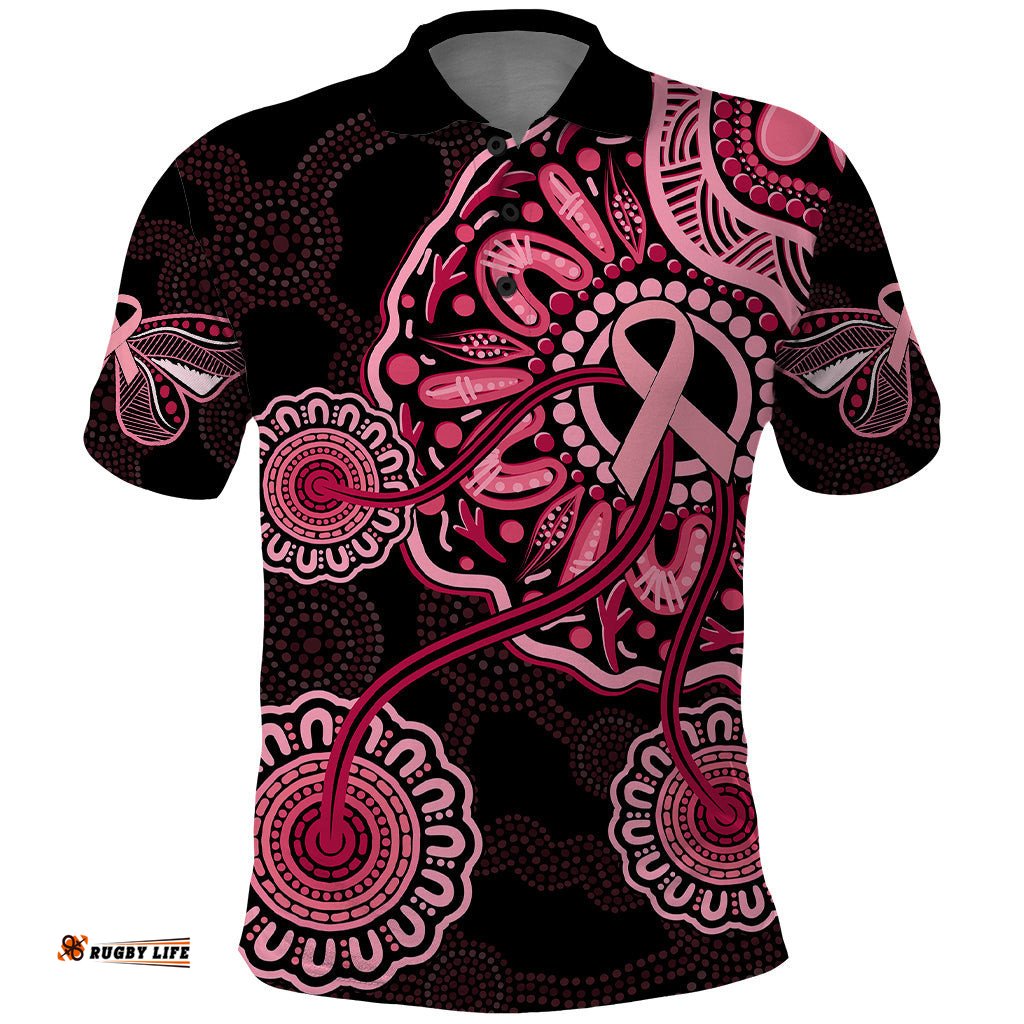 Australia Indigenous Polo Shirt Breast Cancer Ribbon Aboriginal Art - Black