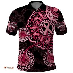 Australia Indigenous Polo Shirt Breast Cancer Ribbon Aboriginal Art - Black