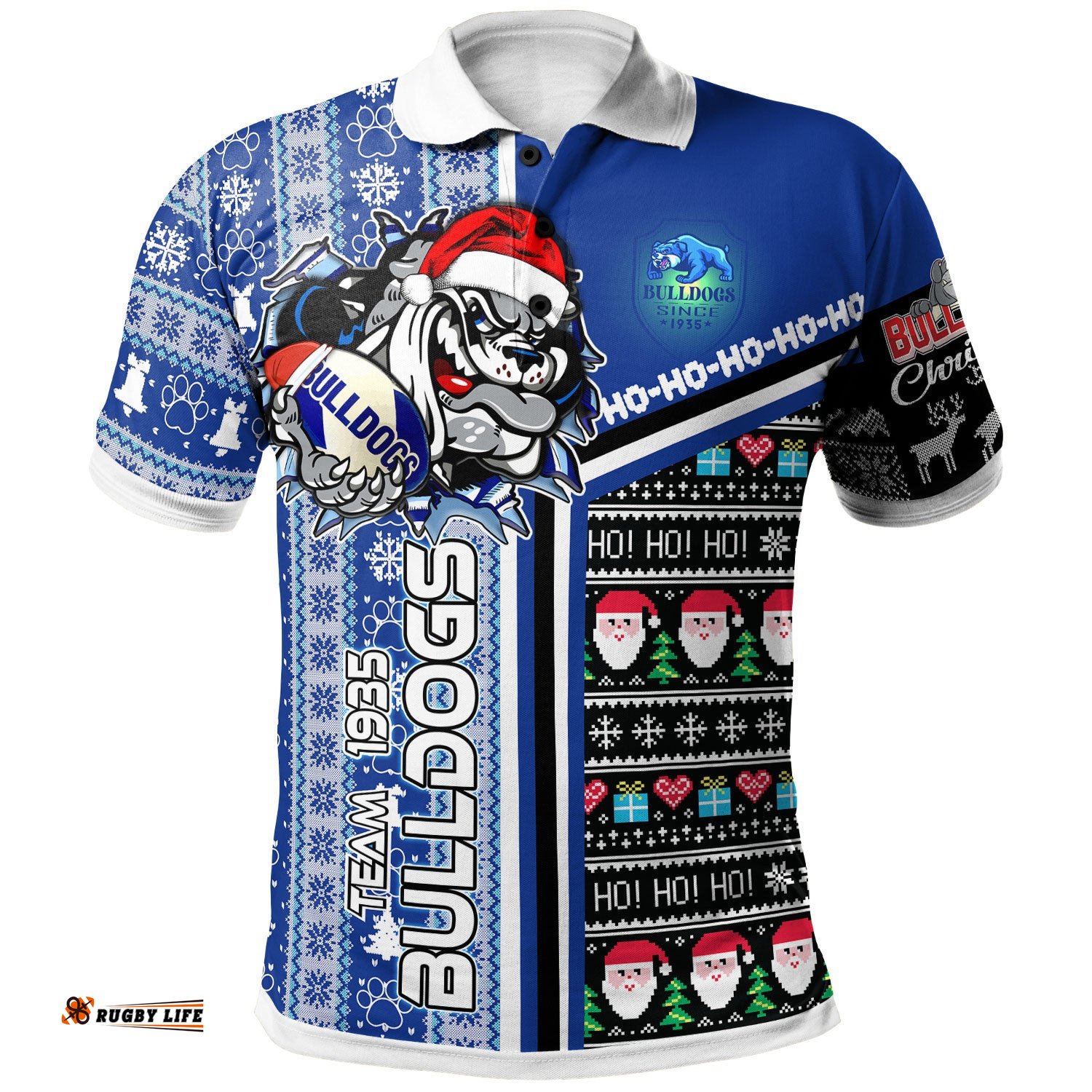 Bulldogs Rugby Christmas Polo Shirt - Custom Scratch Bulldogs Christmas With Snowflakes Ho Ho Ho Polo Shirt Amazing Aussie